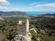 Torre San Giovanni e Marina di Campo, veduta aerea con drone. Isola d'Elba, Toscana, Italia