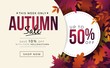 © Microstocker.Pro - Big sale banner with colorful autumn leaves vector illustration. Landing page template with fall foliage and profitable discount flat style design. Up to fifty percent off with code helloautumn