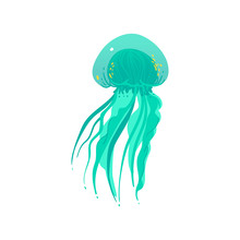 Teal Green Jellyfish Drawing With Long Tentacles And Transparent Texture