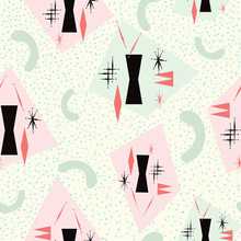 Mid Century Modern Seamless Pattern Inspired From 1950's Atomic Poster Art. Pale Yellow Background With Pink, Green, Coral And Black. For Textiles, Graphic Design, Fashion, Paper Items, Gift Wrapping.