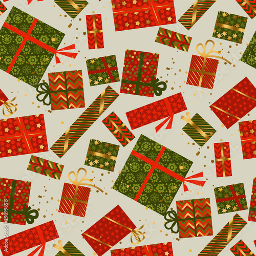 Christmas green and red gift box seamless pattern