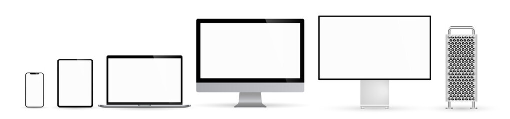 Poster - Realistic set monitors tower desktop laptop tablet and phone illustration vector illustrator Ai EPS