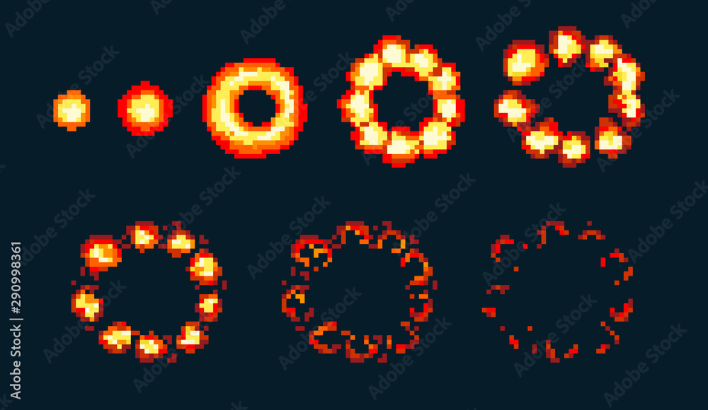 Pixel art explosion. Game icons set. Comic boom flame effects for ...