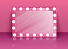 Pink Glossy Mirror With Makeup Lamps In The Dressing Room.