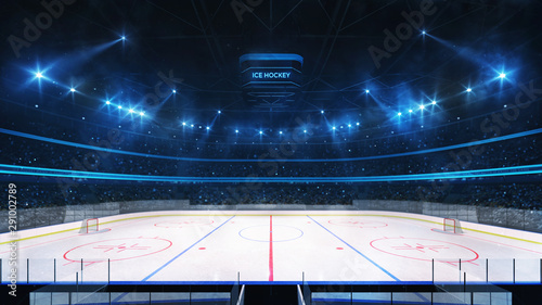 Grand ice hockey rink and illuminated indoor arena with fans, tribune side view, Canvas Print