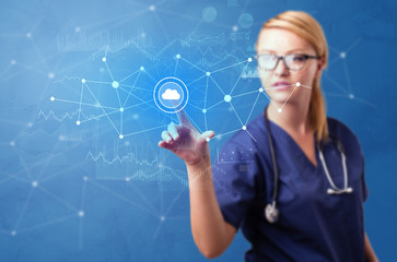 Wall Mural - Doctor touching blue screen with virtual hospital concept