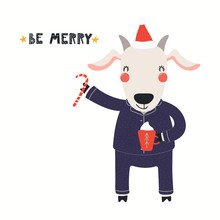Hand Drawn Christmas Card With Cute Goat In Santa Hat, Pajamas, With Sugar Cane, Mug, Quote Merry Christmas. Vector Illustration. Isolated On White. Scandinavian Style Flat Design. Concept Kids Print.