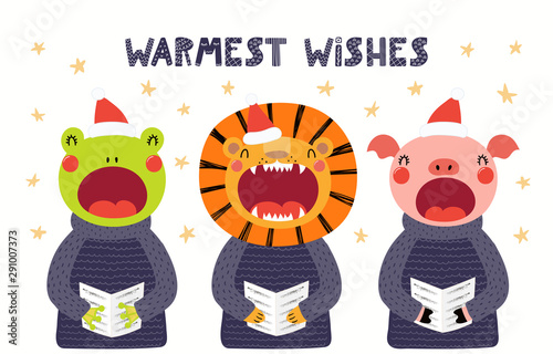 Hand drawn Christmas card with cute frog, pig, lion singing carols, with quot...