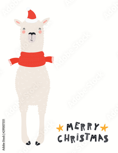 Hand drawn card with cute funny llama in Santa Claus hat, scarf, quote Merry ...