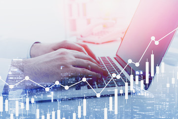 Poster - Businessman typing laptop in office, forex charts