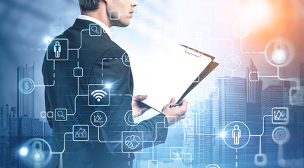 Poster - Man with contract in city, business interface