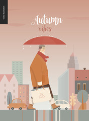 Wall Mural - Rain -walking woman -modern flat vector concept illustration of adult woman wearing big coat and scarf, with umbrella and tote bag, standing in the rain in the street, in front of city houses and cars