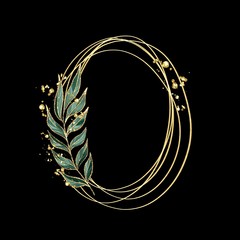 Oval golden frame with leaves on black background