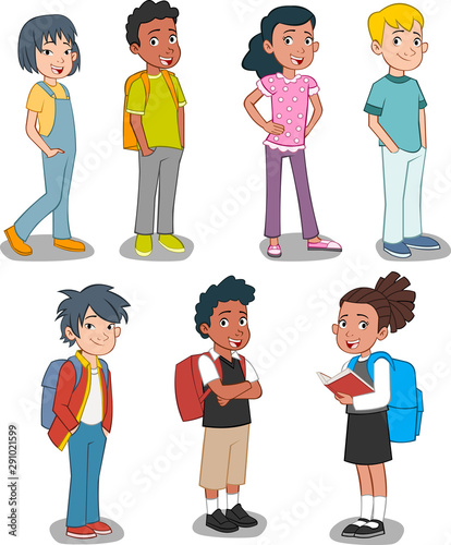 Group of cartoon young kids. Childrn students.