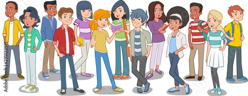 Group of cartoon young people. Teenager students.