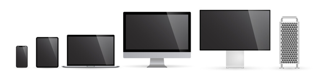Poster - Realistic set monitors tower desktop laptop tablet and phone black screen illustration vector illustrator Ai EPS
