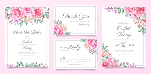 Wall Mural - Greenery wedding invitation card template set of floral arrangements border. Elegant garden flowers decoration save the date, invitation, greeting, respond , thank you cards vector