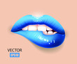Sexy lips, bite one's lip, female lips with blue lipstick isolated on nude background. Ice lips. 3D effect. Vector illustration. EPS10