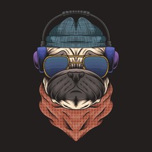 Pug Dog Headphone Vector Illustration
