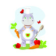 Funny hippo cook with vegetables and fruits, print for clothes, children's print. Flat design. Vector illustration. EPS10