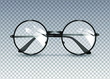 Black glasses isolated on transparent background, round black-rimmed glasses, women's and men's accessory. Optics, see well, lens, vintage, trend. Vector illustration. EPS10