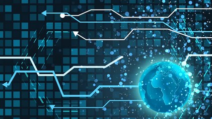 Aufkleber - Modern business background, rotating globe arrows bubbles worldwide information
