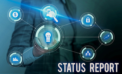 Poster - Conceptual hand writing showing Status Report. Concept meaning Update Summary of situations as of a period of time Woman wear work suit presenting presentation smart device