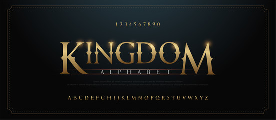 Aufkleber - Elegant golden alphabet letters font set. Classic Custom gold Lettering Designs for logo, movie, game. Typography serif fonts classic style, regular uppercase and number. vector illustration