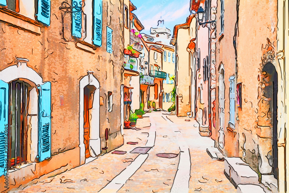 Mons, Var, Provence, France: watercolor painting of the old town - obrazy, fototapety, plakaty 