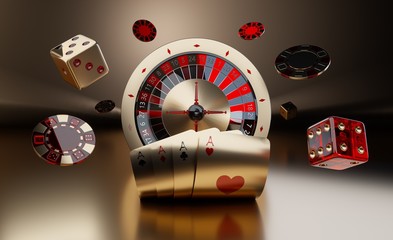 Golden Casino Gambling Concept With Red And Black Details - 3D Illustration