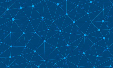 Poster - Abstract internet connection and technology graphic web design wallpaper. Geometric digital polygonal plexus with molecule particles structure. Futuristic blue triangle grid. Vector illustration