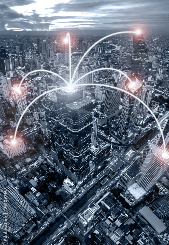 Network connection concept. Business link connection system. Blue Tone city.