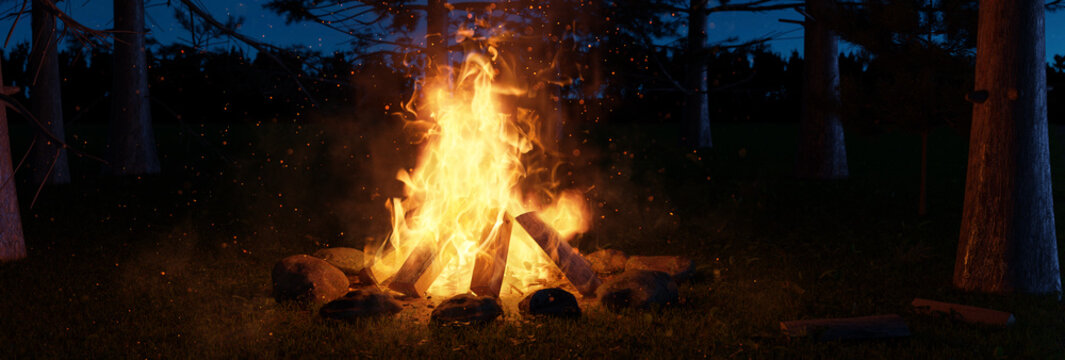 3d rendering of big bonfire with sparks in the forest at night