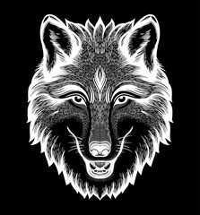 Wall Mural - The head of a wolf. Dreamy magic art. Night, nature, wicca symbol. Isolated vector illustration. Great outdoors, tattoo design.