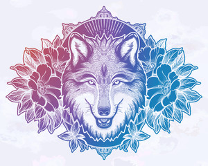 Wall Mural - Portrait of a wolf on a background of mountain landscape.Dreamy magic art. Night, nature, wicca symbol. Isolated vector illustration. Great outdoors, tattoo and t-shirt design.