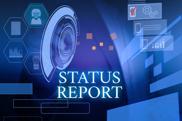 Poster - Writing note showing Status Report. Business concept for Update Summary of situations as of a period of time Male wear formal suit presenting presentation smart device