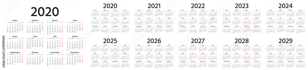 Calendar Spanish 2020, 2021, 2022, 2023, 2024, 2025, 2026, 2027, 2028, 2029 years. Vector. Week starts Monday. Stationery calender template. Yearly organizer in minimal design. Landscape orientation - obrazy, fototapety, plakaty 