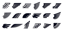 Silhouette Wing Icons. Bird Wings, Fast Eagle Emblem And Decorative Ornament Angel Wing Stencil. Black Tattoo Sketch, Airport Logo Or Victory Insignia. Isolated Symbols Vector Bundle