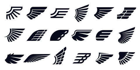 silhouette wing icons. bird wings, fast eagle emblem and decorative ornament angel wing stencil. bla