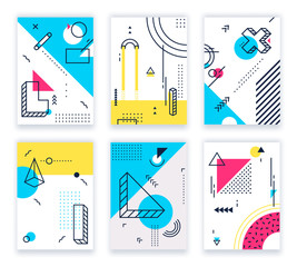Wall Mural - Geometric shapes posters. Abstract geometrical shapes cards, funky 80s and memphis style design. Geometry poster, hipster colorful flyer brochure. Isolated background illustration vector set