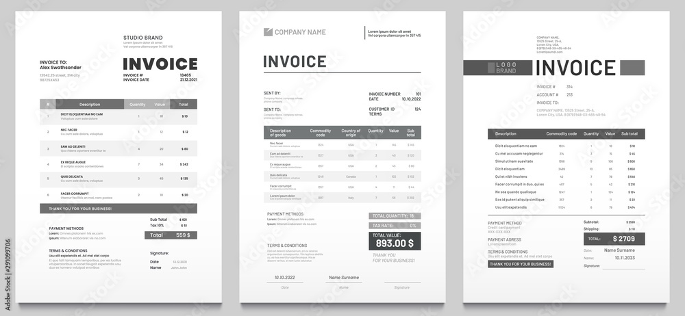 Invoices templates. Price receipt, payment agreement and invoice bill template. Business sales pricing invoices, accounting or bill receipt. Invoice document page isolated vector set - obrazy, fototapety, plakaty 