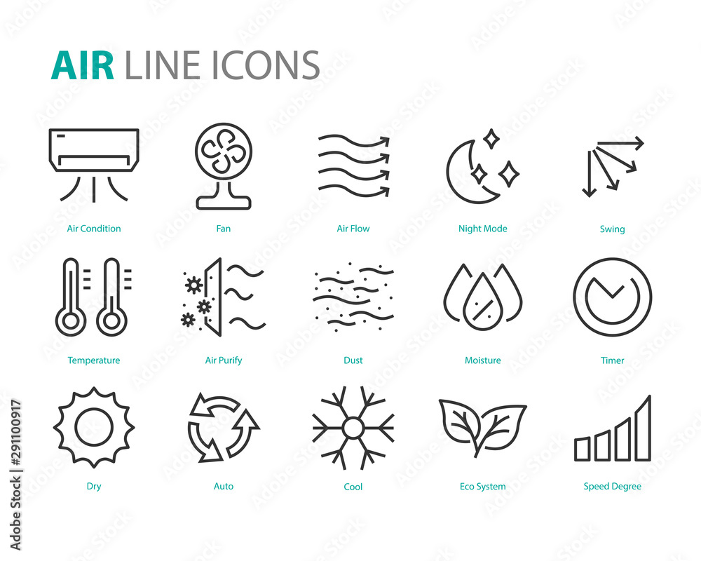 set of air icons, air condition, heater, dust, temperature, purify - obrazy, fototapety, plakaty 