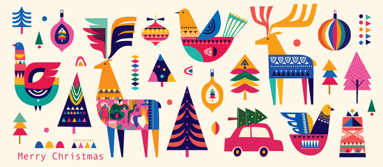 Wall Mural - christmas pattern in scandinavian folk style with deer, christmas tree, bird