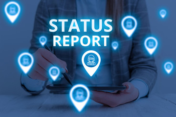 Poster - Text sign showing Status Report. Business photo text Update Summary of situations as of a period of time Woman wear formal work suit presenting presentation using smart device