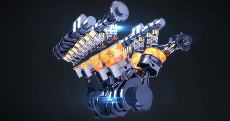 Poster - Power Hungry Rotating V8 Engine Producing Power. CG Animation. Pistons And Other Mechanical Parts Are In Motion With Explosions.