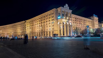 Wall Mural - Night city time lapse. Traffic. Glowing facade of main post office building. Ukrposhta. Evening main post. Khreschatyk street. Maidan Nezalezhnosti. Independence Square. Kyiv. Kiev. Ukraine