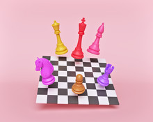 Colorful Chess Pieces And Chess Board. 3d Rendering