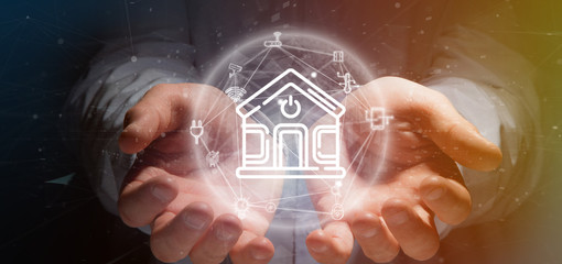 Poster - businessman holding smart home interface with icon, stats and data 3d rendering