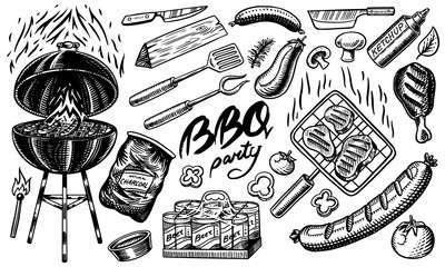 Barbecue set in vintage style. Drawn by hand. Bbq ingredients. Hot grill food, beer and tools, vegetables and spices. Vector illustration for menu or labels.