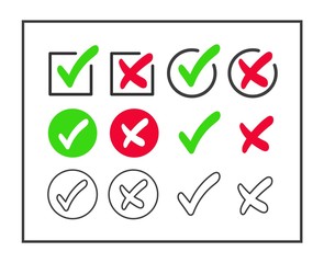 Aufkleber - Vector checkmark and cross icon set isolated on white background. Green tick and red cross. Yes or no.